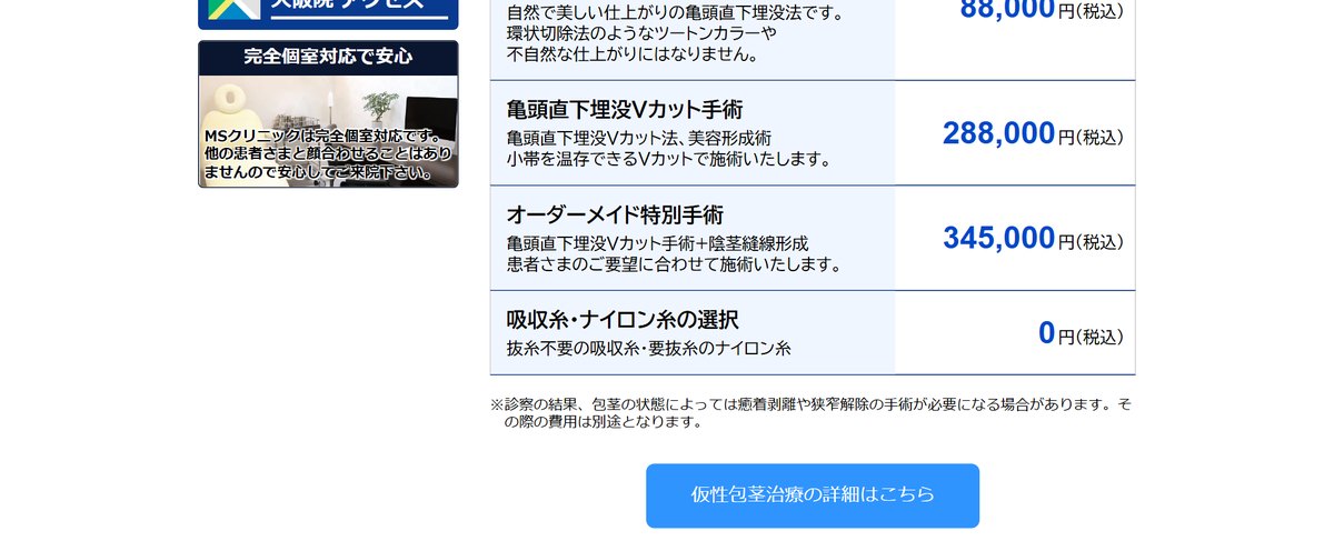 MSクリニックの割引・追加料金の条件(公式サイト)