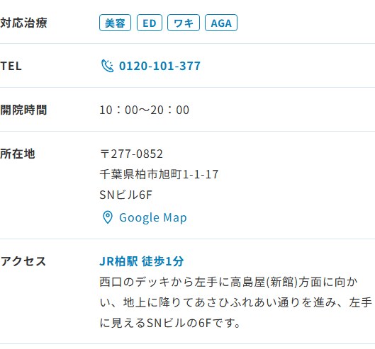 ABCクリニック柏院の所在地・開院時間・アクセス(公式サイト)