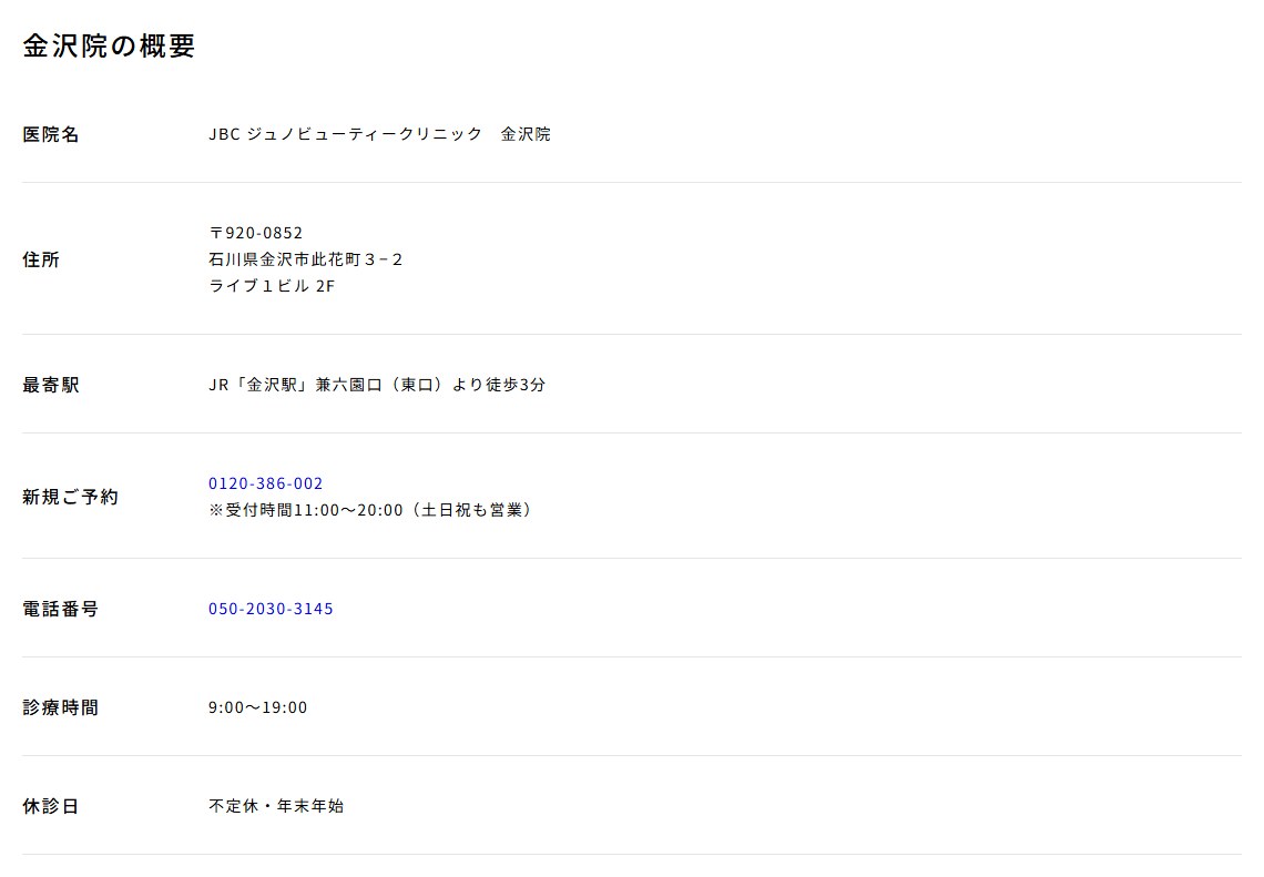 JBC ジュノビューティークリニック金沢院の住所・最寄駅・電話番号・診療時間（アトムクリニック公式サイト）