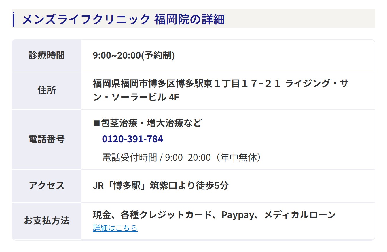 メンズライフクリニック福岡院の診療時間・住所・電話番号・アクセス・支払方法（公式サイト）
