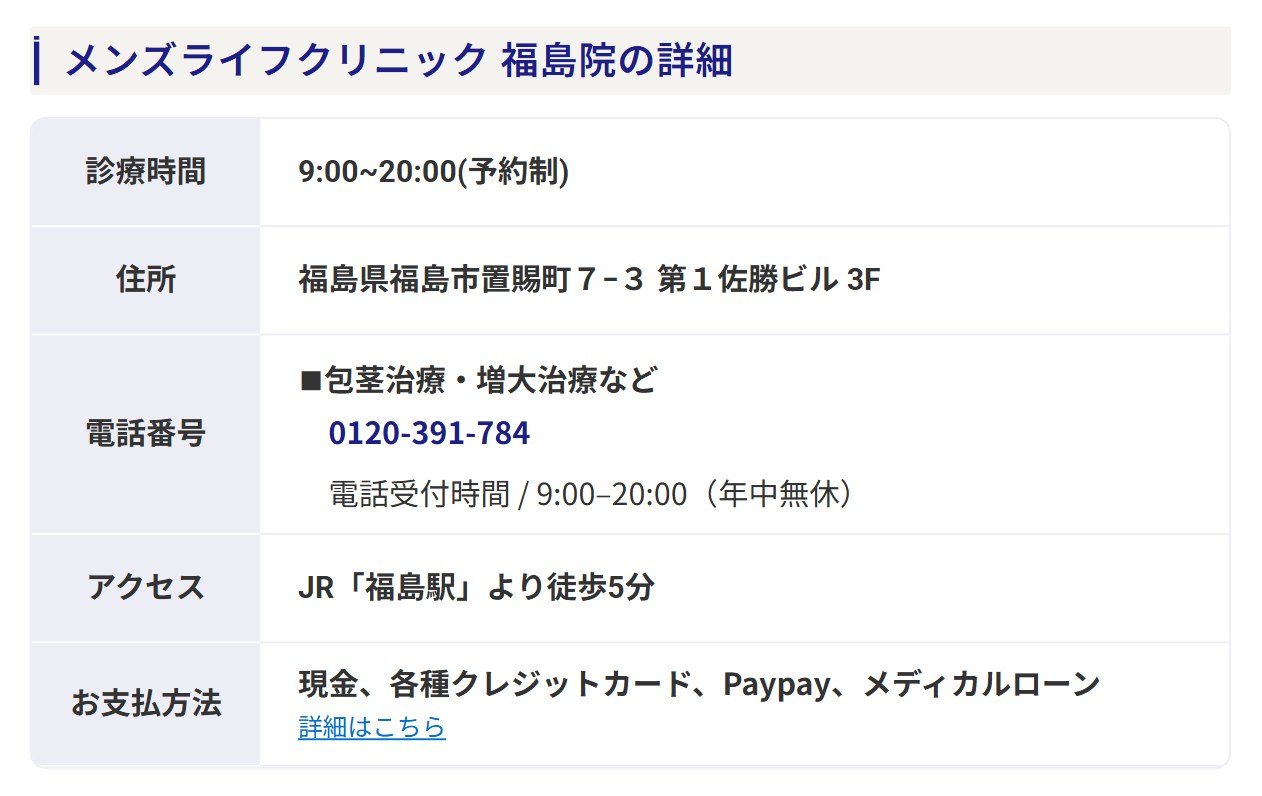 メンズライフクリニック福島院の診療時間・住所・電話番号・アクセス・支払方法(公式サイト)