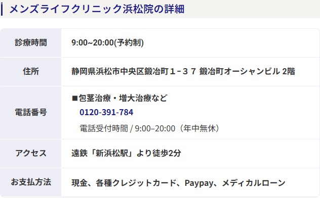 メンズライフクリニック浜松院の診療時間・住所・電話番号・アクセス・支払い方法（公式サイト）