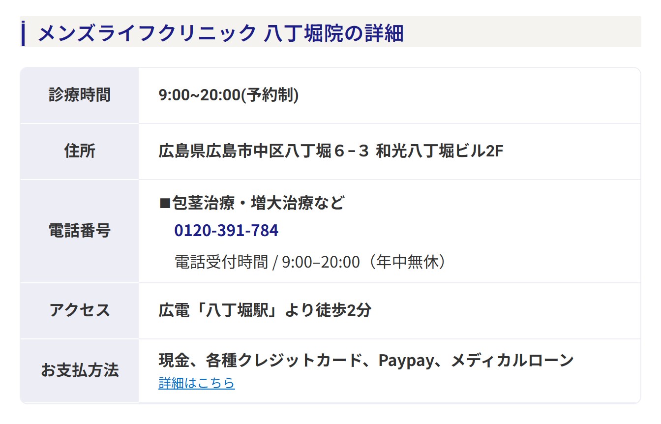 メンズライフクリニック八丁堀院の診療時間・住所・電話番号・アクセス・支払方法（公式サイト）
