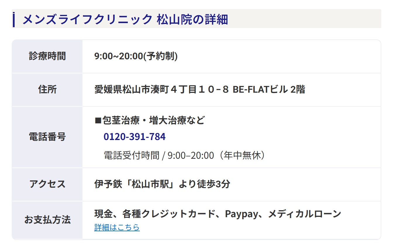 メンズライフクリニック松山院の診療時間・住所・電話番号・アクセス・支払方法（公式サイト）