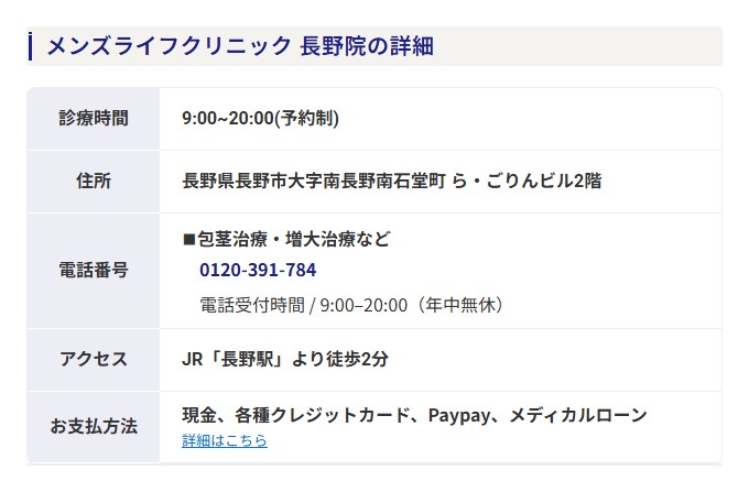 メンズライフクリニック長野院の診療時間・住所・電話番号・アクセス・支払い方法(公式サイト)