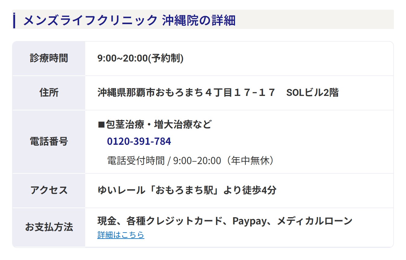 メンズライフクリニック沖縄院の診療時間・住所・電話番号・アクセス・支払方法(公式サイト)