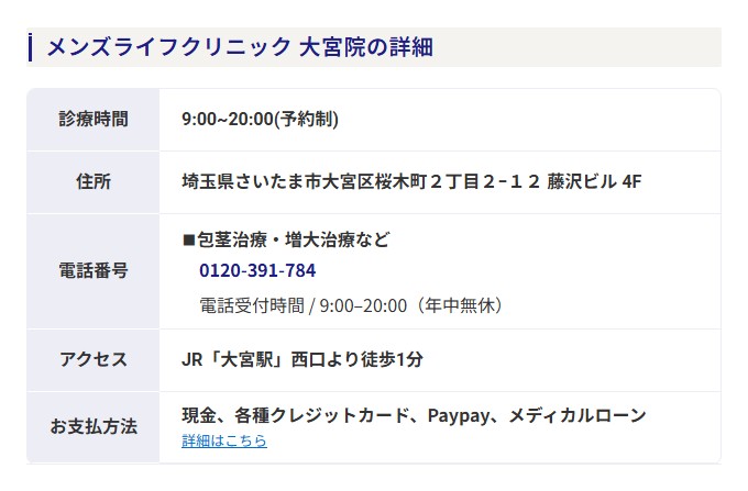 メンズライフクリニック大宮院の診療時間・住所・電話番号・アクセス・支払い方法（公式サイト）