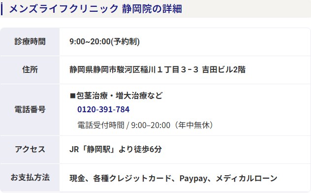 メンズライフクリニック静岡院の診療時間・住所・電話番号・アクセス・支払い方法（公式サイト）