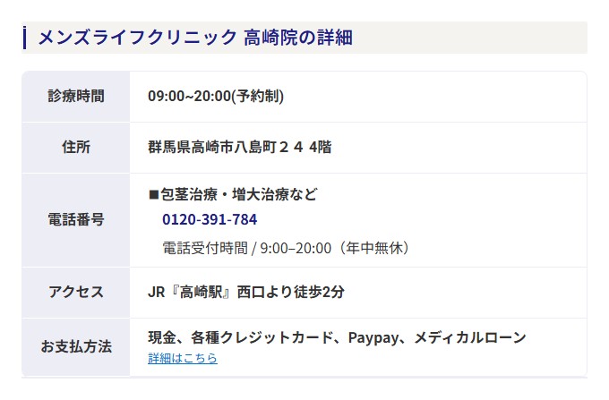メンズライフクリニック高崎院の診療時間・住所・電話番号・アクセス・支払い方法(公式サイト)
