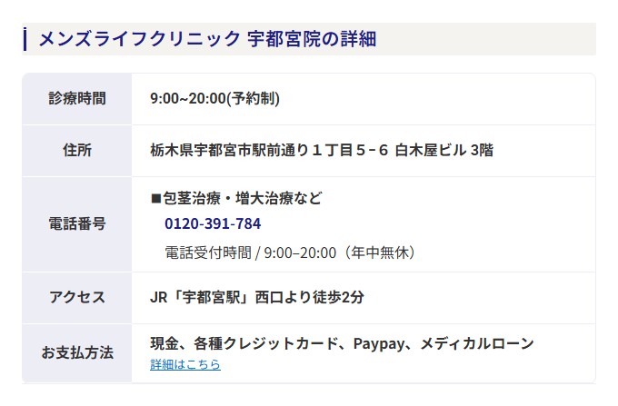 メンズライフクリニック宇都宮院の診療時間・住所・電話番号・アクセス・支払い方法(公式サイト)