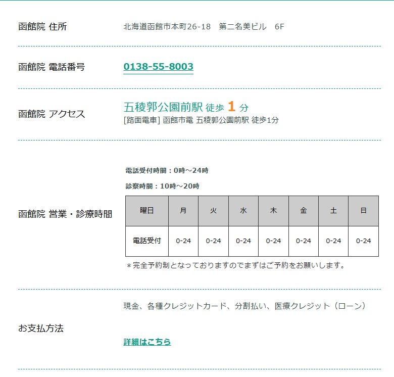 東京ノーストクリニック函館院の住所・電話番号・アクセス・診療時間（公式サイト）