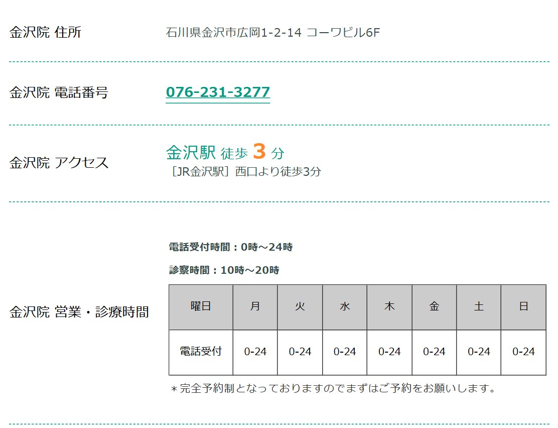 東京ノーストクリニック金沢院の住所・電話番号・アクセス・診療時間(公式サイト)