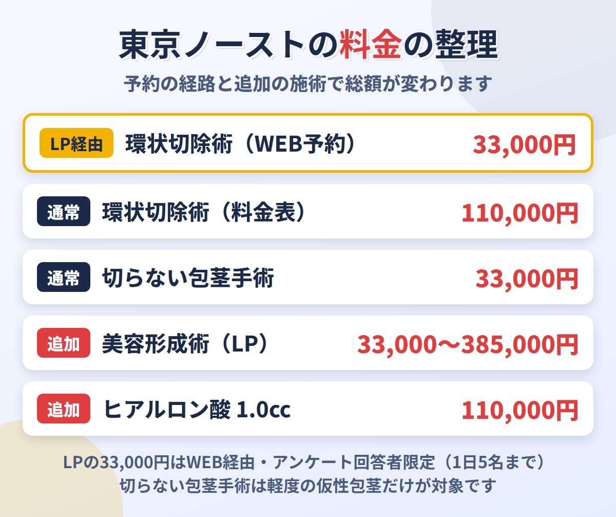 東京ノーストクリニックの料金の整理