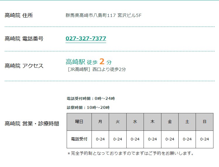 東京ノーストクリニック高崎院の住所・電話番号・アクセス・診療時間(公式サイト)