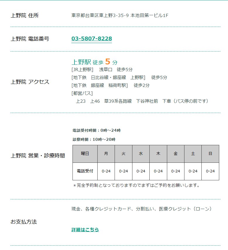 東京ノーストクリニック上野院の住所・電話番号・アクセス・診療時間（公式サイト）