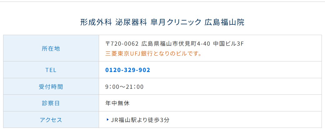 皐月クリニック広島福山院の所在地・電話番号・受付時間・アクセス（公式サイト）