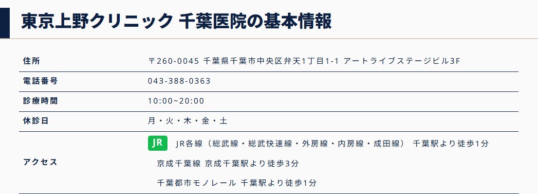東京上野クリニック千葉医院の住所・電話番号・診療時間・休診日・アクセス(公式サイト)
