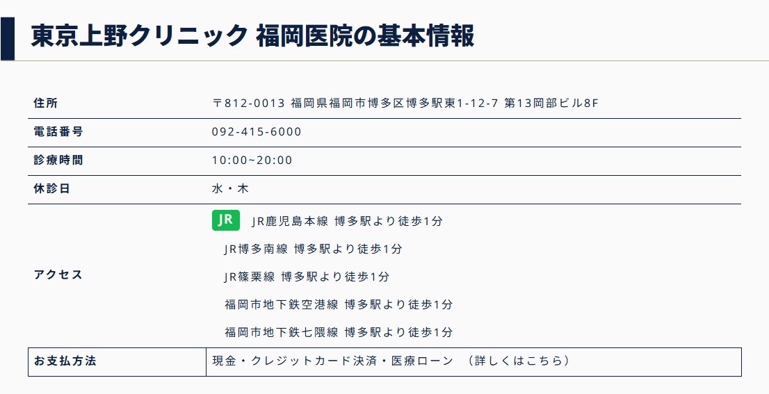 東京上野クリニック福岡医院の住所・電話番号・診療時間・休診日・アクセス(公式サイト)