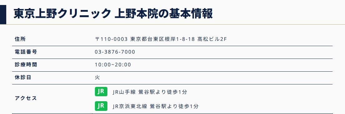東京上野クリニック上野本院の住所・電話番号・診療時間・休診日・アクセス（公式サイト）