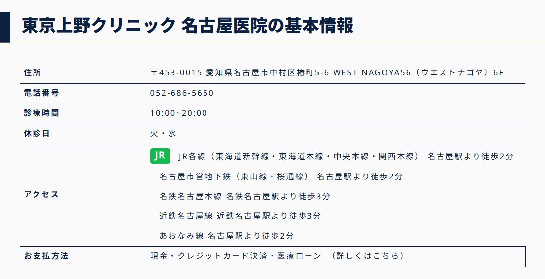 東京上野クリニック名古屋医院の住所・電話番号・診療時間・休診日・アクセス（公式サイト）