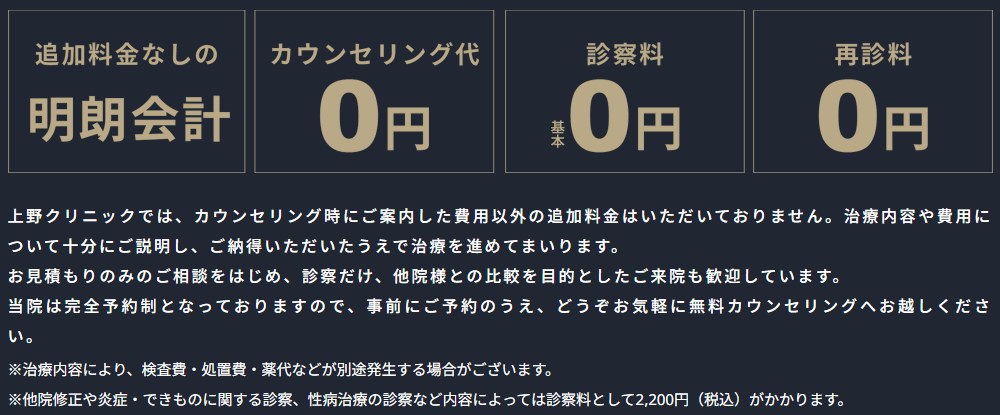 上野クリニックはカウンセリング代・診察料・再診料0円で追加料金なし(公式サイト)