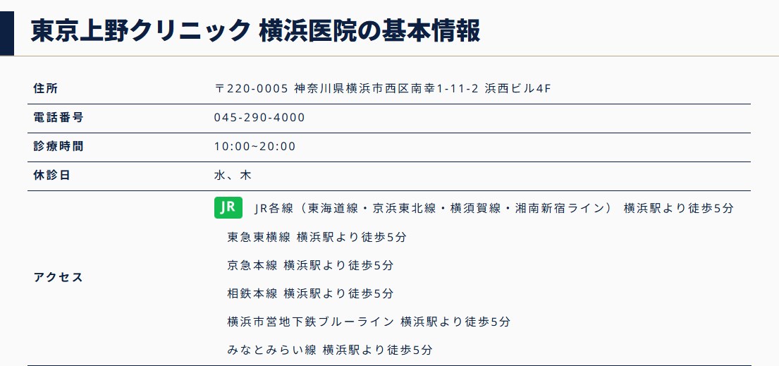 東京上野クリニック横浜医院の住所・電話番号・診療時間・休診日・アクセス(公式サイト)